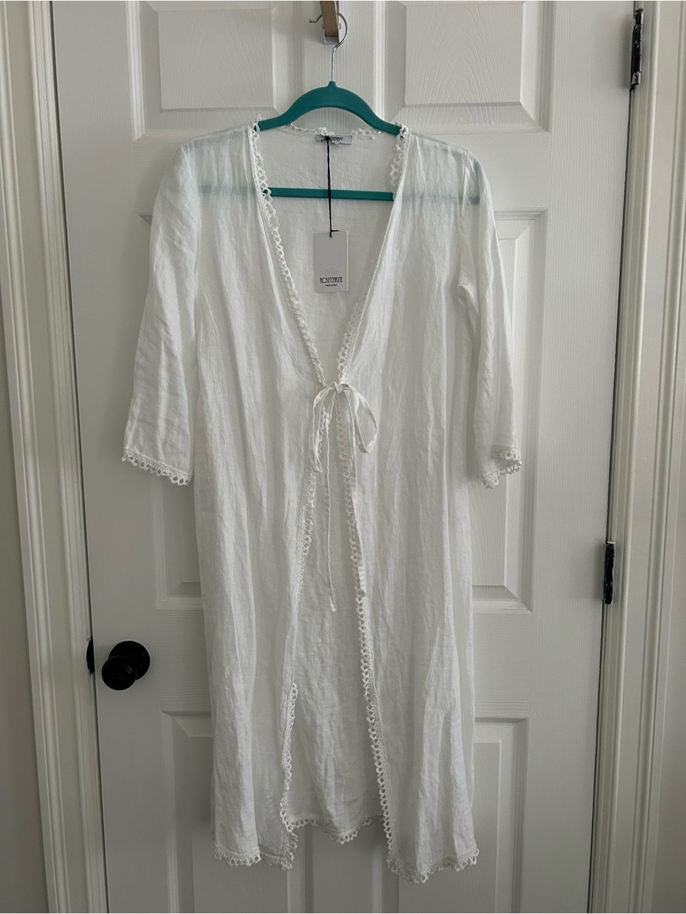 Lightweight LINEN White Tie-Front Lace Trim Cover-Up/Duster